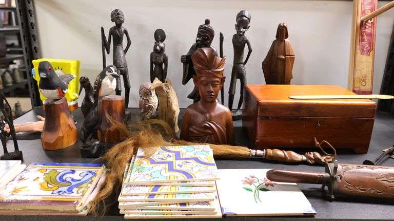 Lot of Wood Carved Birds & Ethnographic Statues, Pottery Tiles, Repro ...
