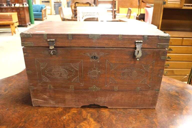 Vintage Ethnographic Brass Inlaid Apothecary Trunk, Minor Damage