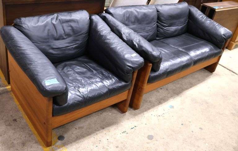 Mikael Laursen Danish MCM Black Leather and Teak Loveseat and Armchair