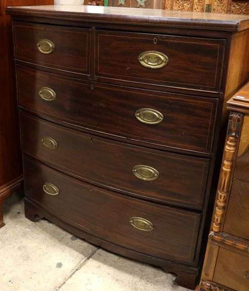 Regency Inlaid Mahogany Bow Front Chest of Drawers, Veneer Damage Missing Bail
