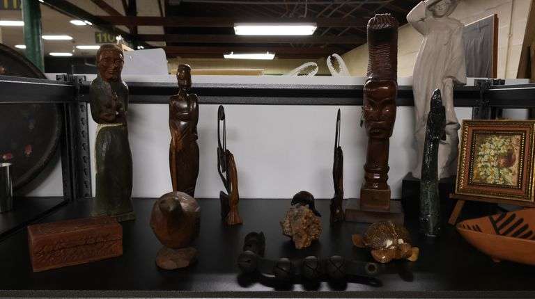 Lot of Wood Carved Ethnographic Statues, Carved Box, Sleigh Bells ...