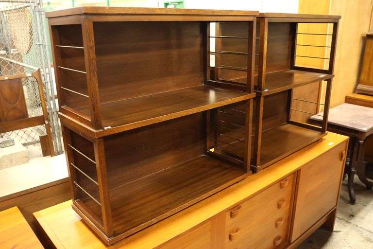 Pair MCM Mahogany and Brass Bookshelves
