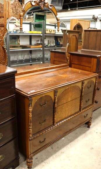 Depression Era Walnut Dresser with Mirror, Wear to Top