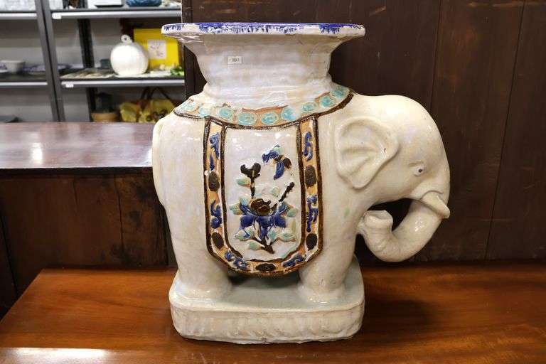 MCM Asian Ceramic Elephant Garden Stool, Crazing/Lines