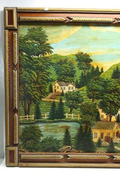 Vintage Folk Art Landscape Painting in Tramp Art Frame - Dixon's ...
