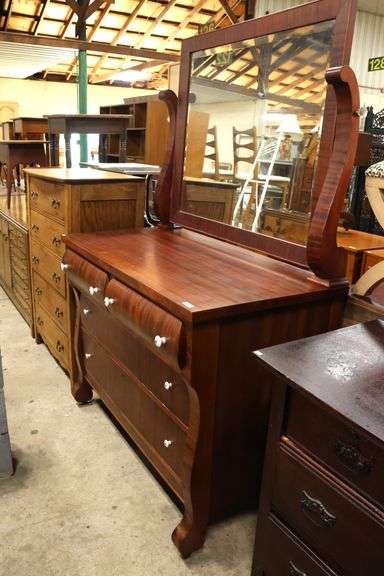 Empire Style Mahogany Dresser with Mirror, Veneer Chips