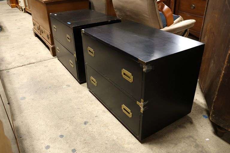 Pair MCM Campaign Style Black Laminate Nightstands, Chips and Scuffs