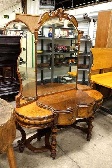 Depression Era Walnut Vanity with Triple Mirror, Minor Wear