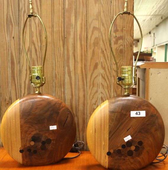 Pair MCM Inlaid Wood Lamps