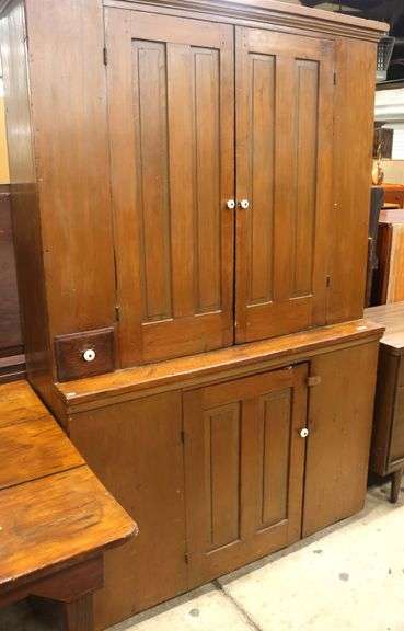 Antique Farmhouse Pine Raised Panel Stepback Cupboard