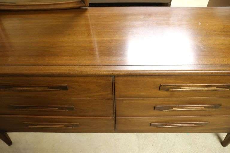 Broyhill Emphasis MCM Walnut Six Drawer Dresser with Mirror