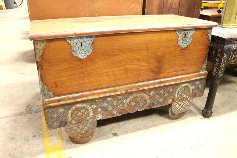 Anglo-Indian Polychrome Painted Hardwood Coffer on Wheels