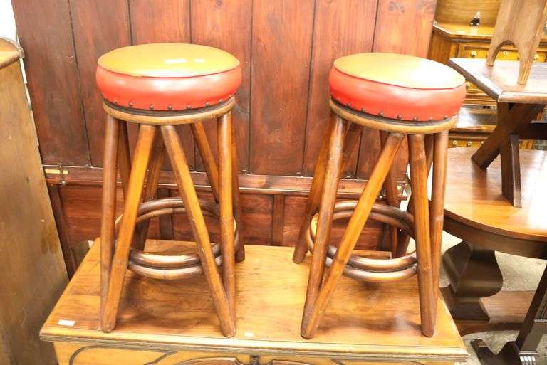 Pair MCM Rattan Swivel Bar Stools