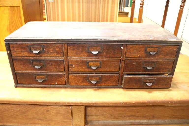 Antique Golden Oak Table-Top Case of Nine Drawers, Veneer Losses