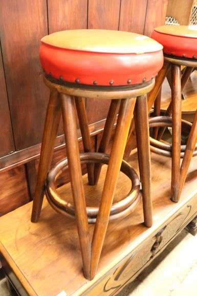 Pair MCM Rattan Swivel Bar Stools