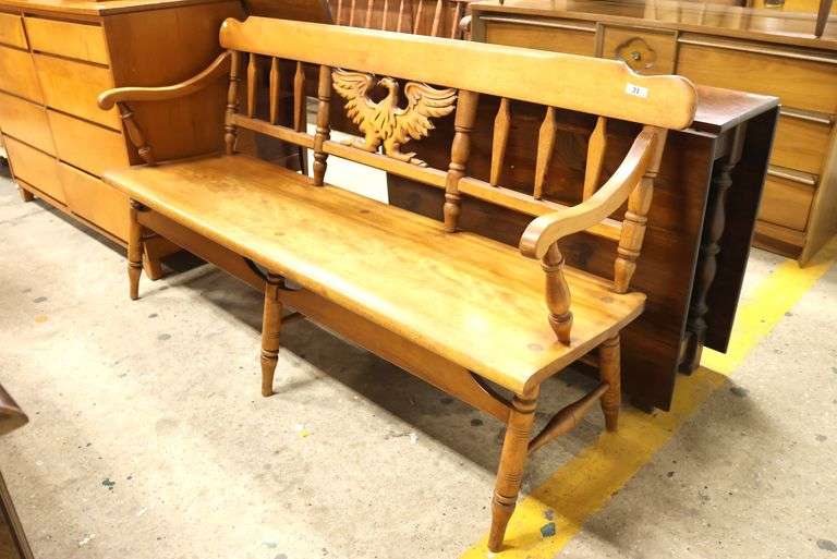 Vintage Farmhouse Maple Carved Eagle Deacon's Bench