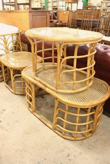 3pc MCM Rattan and Cane Glass Top Table Set