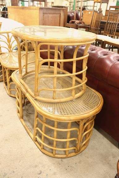 3pc MCM Rattan and Cane Glass Top Table Set