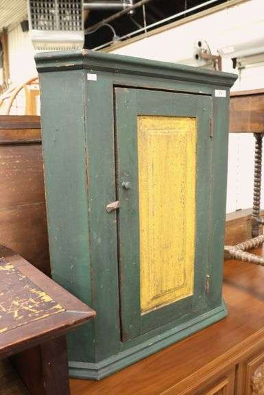 Farmhouse Polychrome Painted Hanging Corner Cupboard