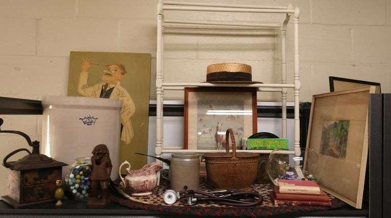 Lot Antique Coffee Grinder, Stoneware Crocks, Carved Wood Nutcracker, Marbles, Framed Art Etc.