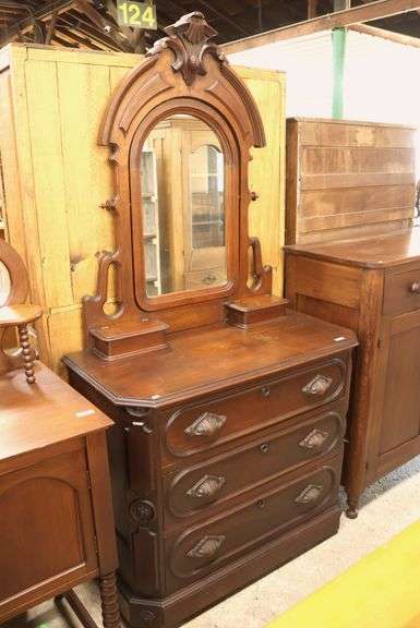 Victorian Carved Walnut Dresser with Mirror