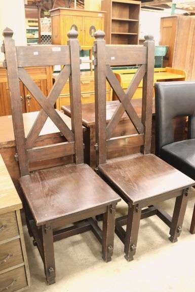Pair Spanish Colonial Style Oak Hall Chairs