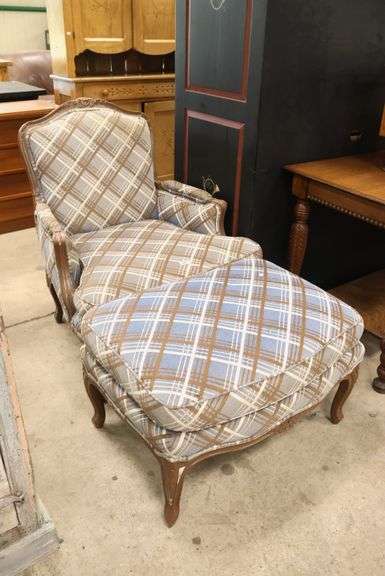 French Provincial Style Upholstered Chair and Ottoman, Fading