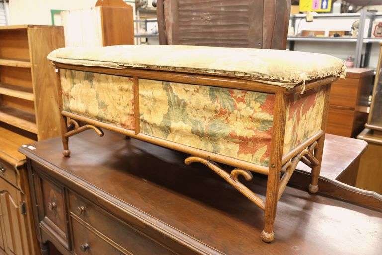 Antique Bamboo Rattan Upholstered Storage Bench, Upholstery As-Is