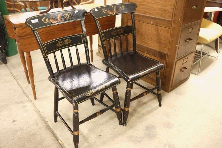 Pair Painted Plank Seat Chairs