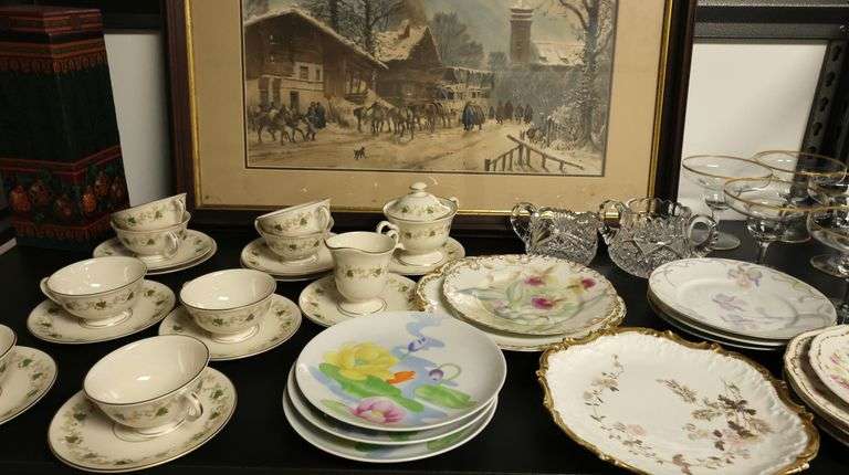 Lot of Pickard China Teacups, Porcelain Dishes, Framed Print & Gold Rim Stemware
