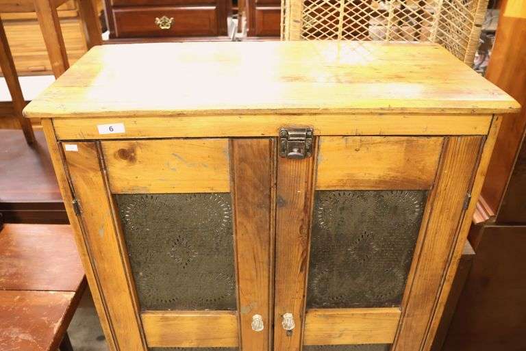 Antique Farmhouse Pine Punched Tin Pie Safe