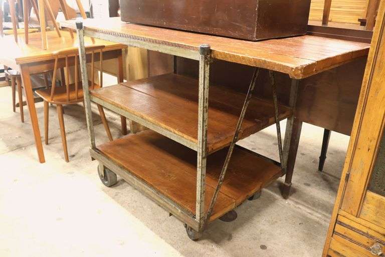 Antique Industrial Pine and Metal Factory Work Cart, Perfect For a Kitchen Island