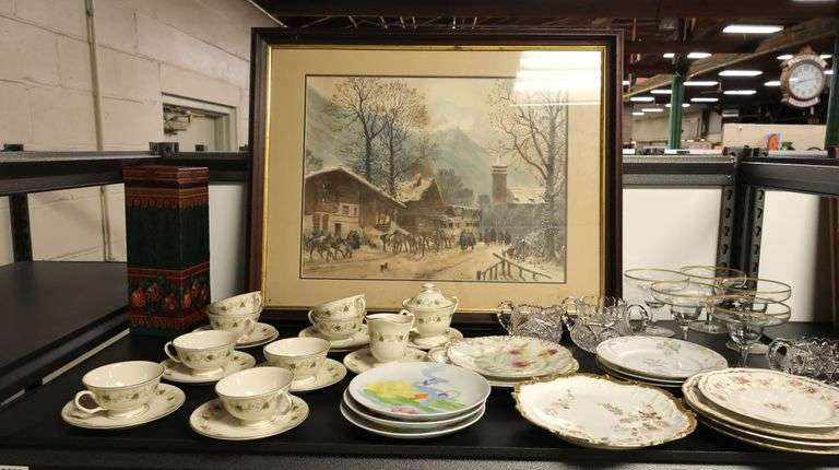 Lot of Pickard China Teacups, Porcelain Dishes, Framed Print & Gold Rim Stemware