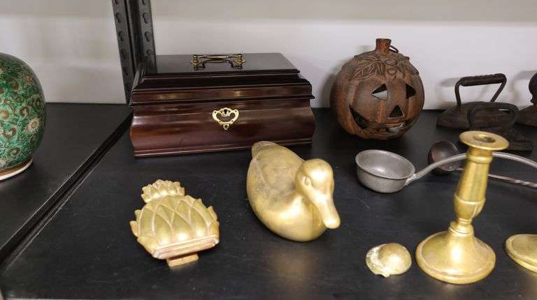 Lot Brass Candlesticks, Duck & Pineapple Door Knocker,, Oil Lamps & Candle Holders Etc.
