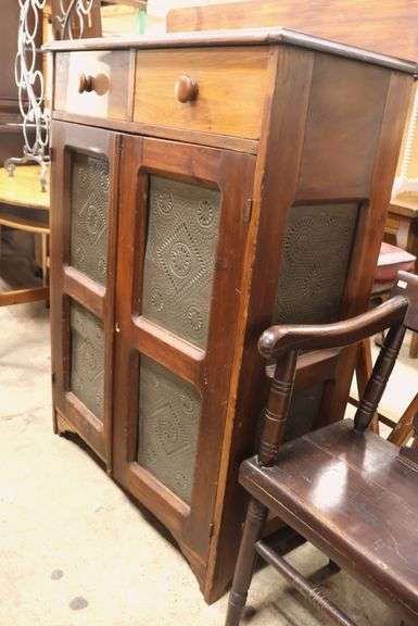 Antique Farmhouse Pine Punched Tin Pie Safe