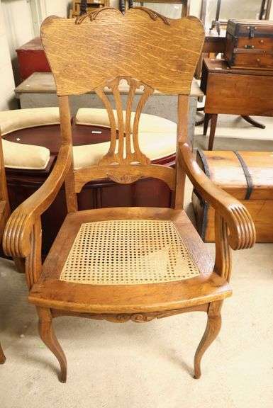 Pair Antique Golden Oak Cane Seat Armchairs, As-Is