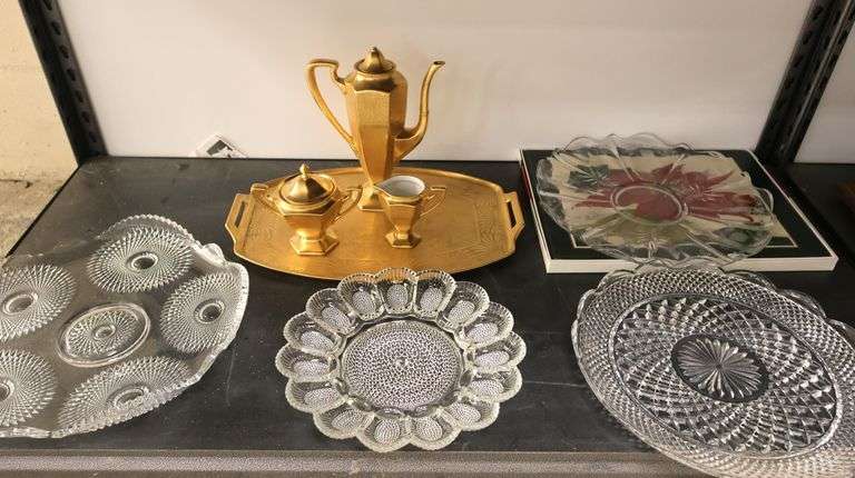 Vintage Clear Pattern Glass Serving / Egg Dishes, French Gilt Cream, Teapot, Sugar & Tray