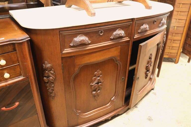 Victorian Marble Top Walnut Fruit Carved Server, Marble Broken