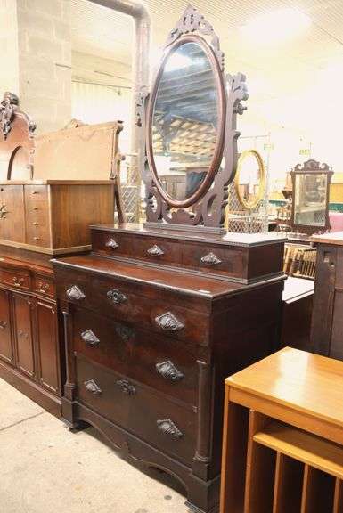 Empire Walnut Chest of Drawers with Mirror and Ripple Molding, Veneer Chips