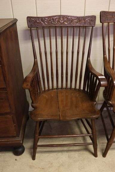 Near Pair Antique Golden Oak Carved Armchairs, Splits to Seats