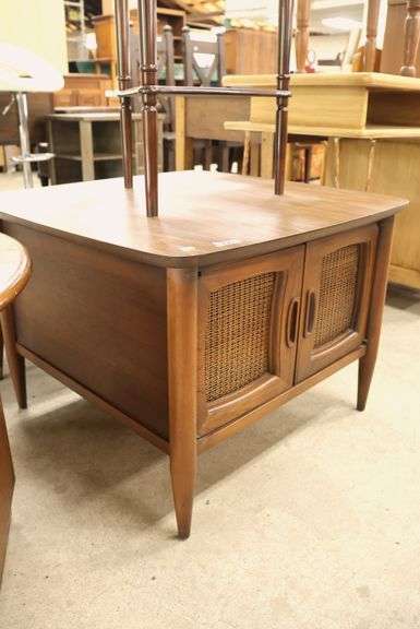 MCM Walnut and Laminate End Table with Caned Doors