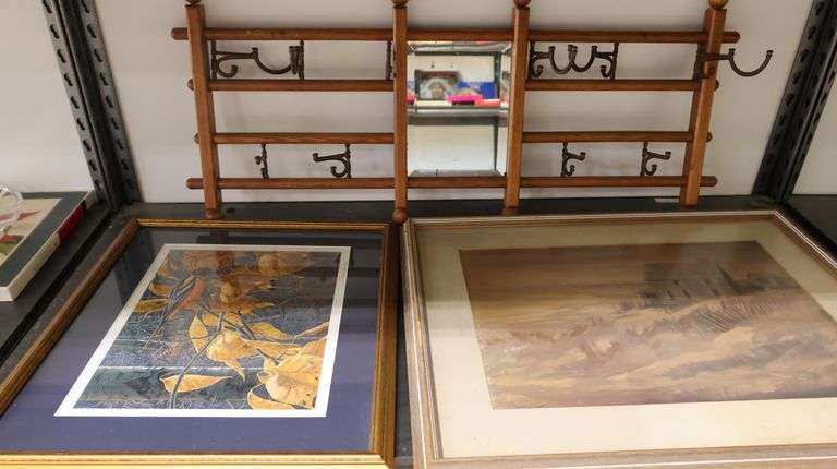 Lot Framed Watercolor Painting & Print, Antique Coat / Hat Rack