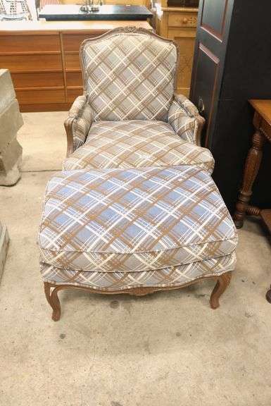 French Provincial Style Upholstered Chair and Ottoman, Fading