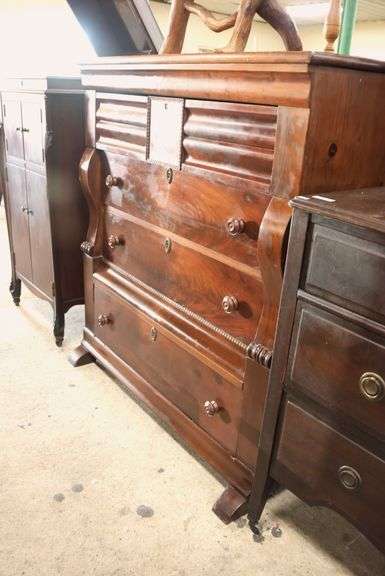 Empire Figured Walnut and Mixed Woods Chest of Drawers, Veneer Chips