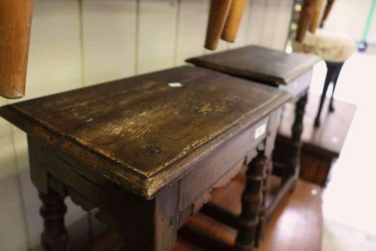 Pair English Mannerist Style Oak Joint Stools, Losses