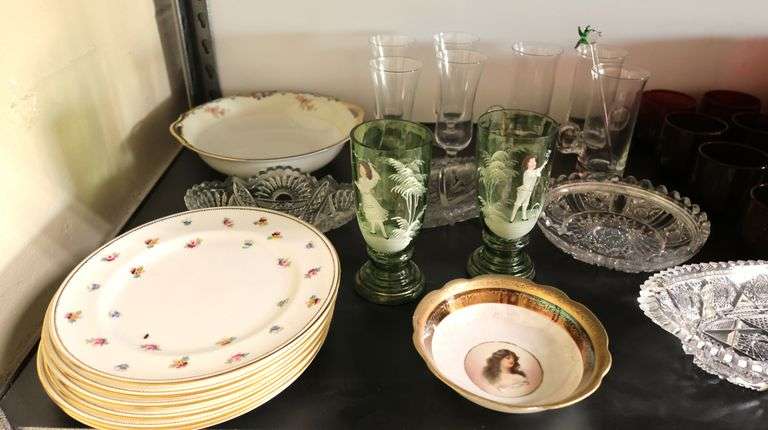 Lot of Vintage Glassware & China Dishes, Ruby Red Glasses, Mary Gregory Style Painted Cups Etc.