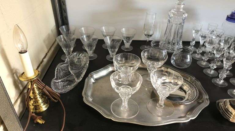 Lot of Crystal Stemware & Cordial Glasses, Liquor Decanter, Silver Plate / Metal Cream & Sugar Etc.