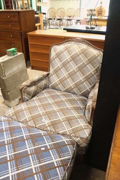 French Provincial Style Upholstered Chair and Ottoman, Fading