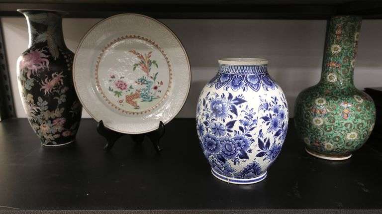 Oriental Lot of 3 Ceramic Vases & Chinese Famille Rose Plate