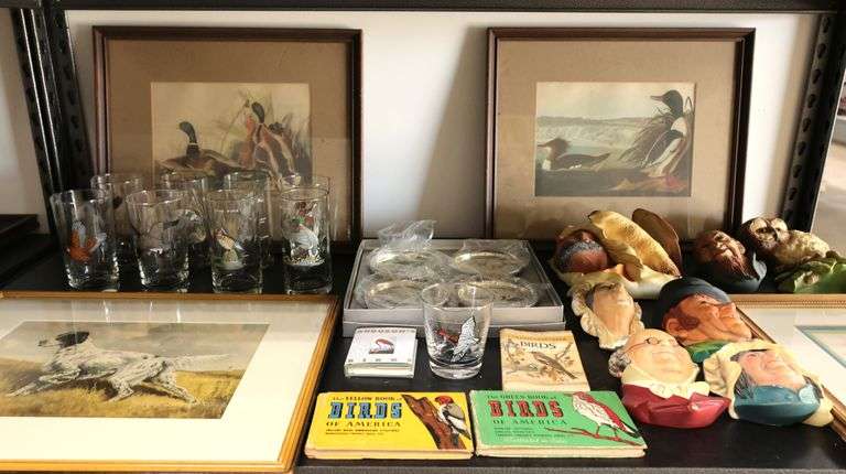 Lot Vintage Dog & Bird Prints, Bird Books & Glasses, Ashtrays, Bossons Busts Etc.